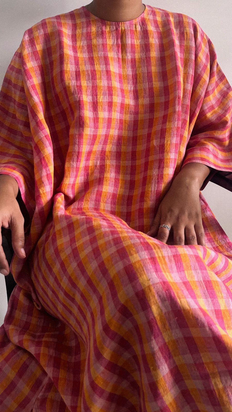 Handwoven linen dress in berry sunset