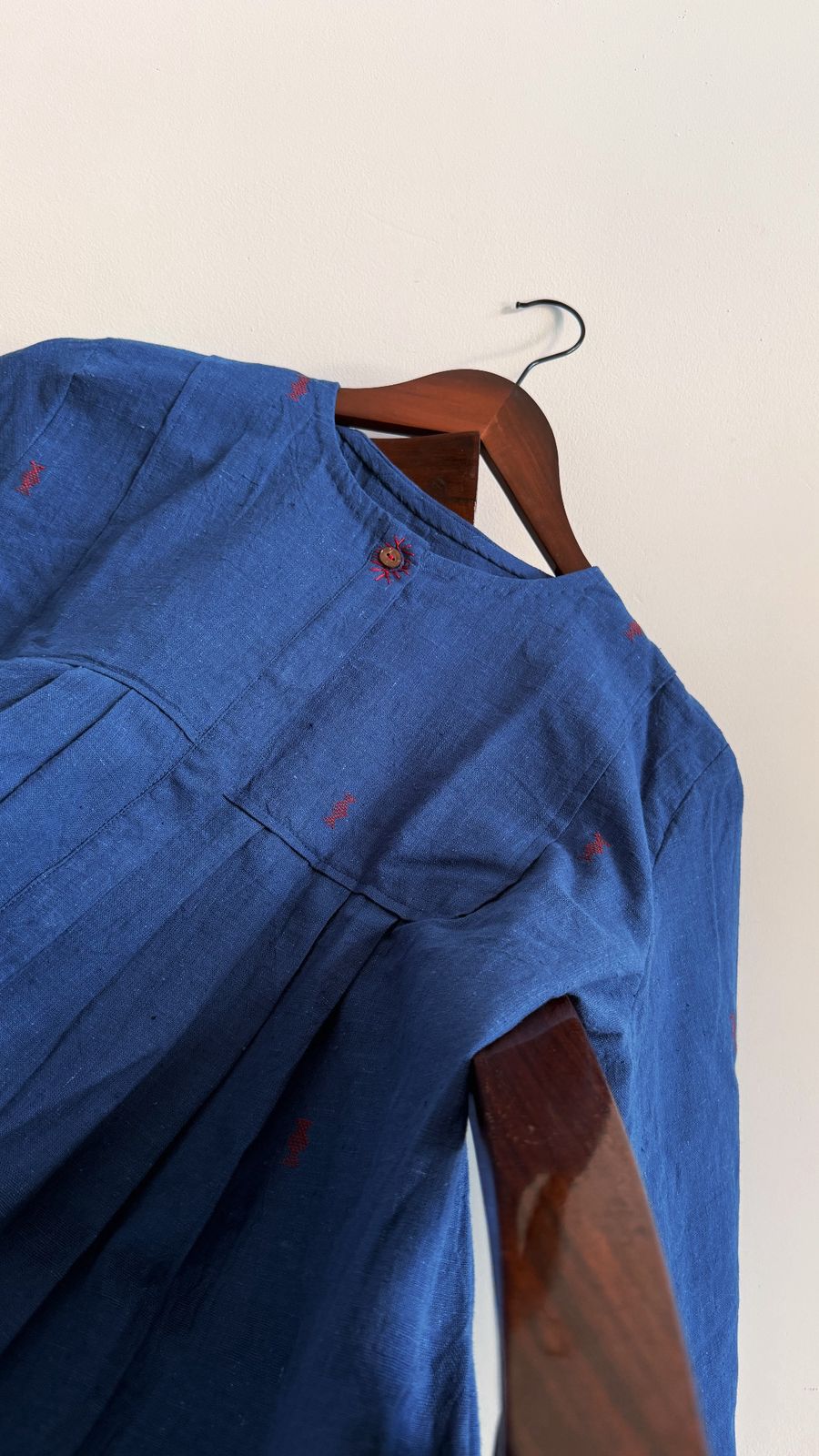 Shiloh Washed Indigo Dress hand-woven organic cotton deep indigo dress with red motifs