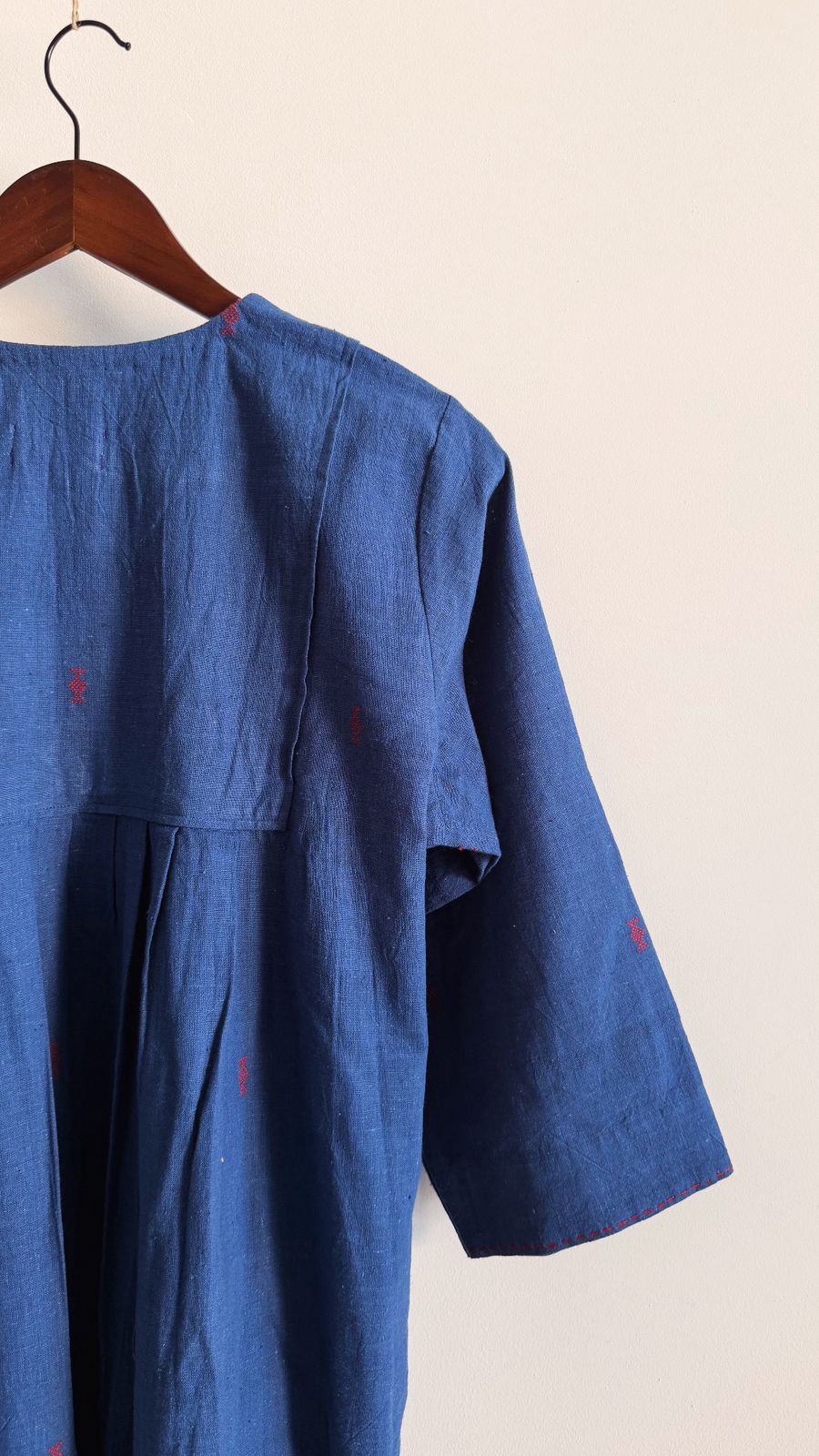 Shiloh Washed Indigo Dress hand-woven organic cotton deep indigo dress with red motifs