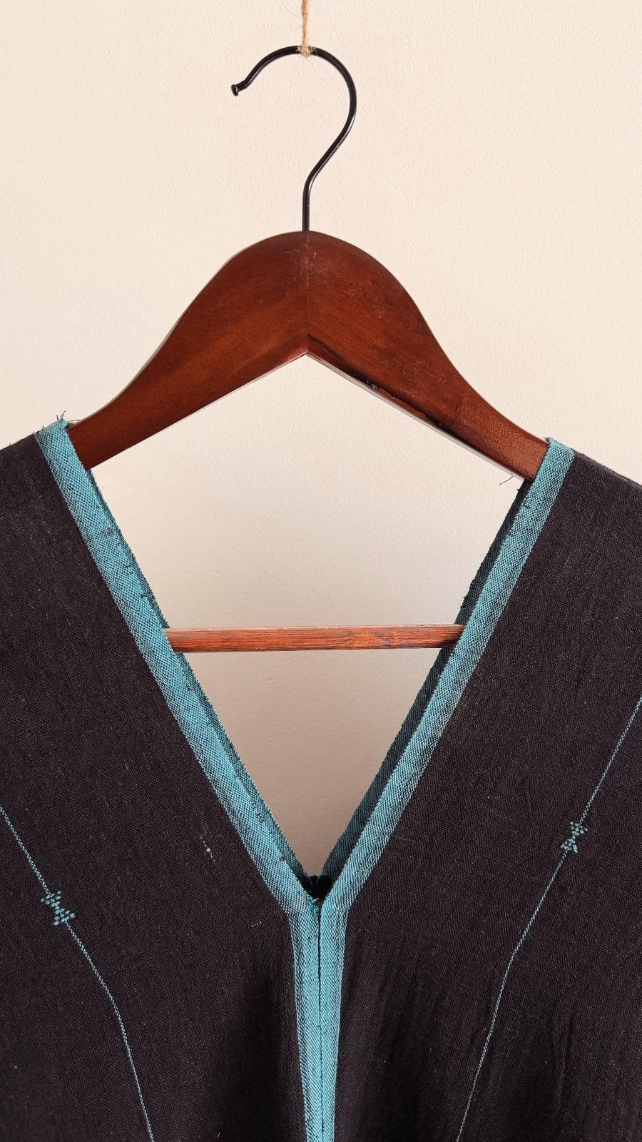 Shiloh Sage Kaftan in handwoven organic cotton, black with blue stripes