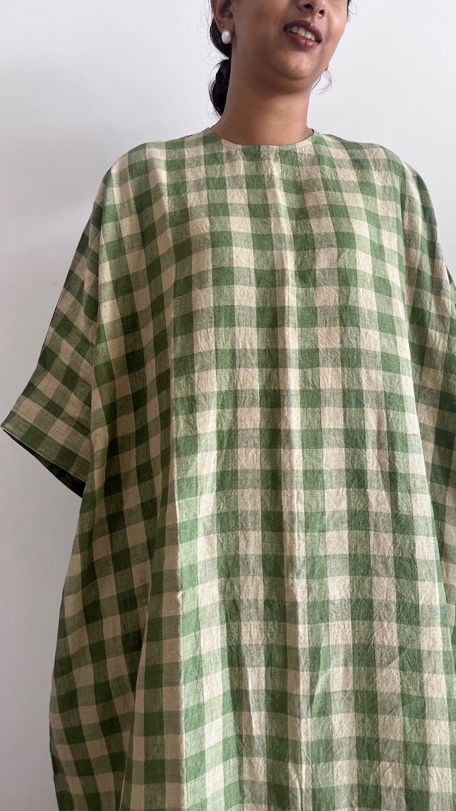 Sycamore dress in Sage Stone, sage and stone check handwoven linen.