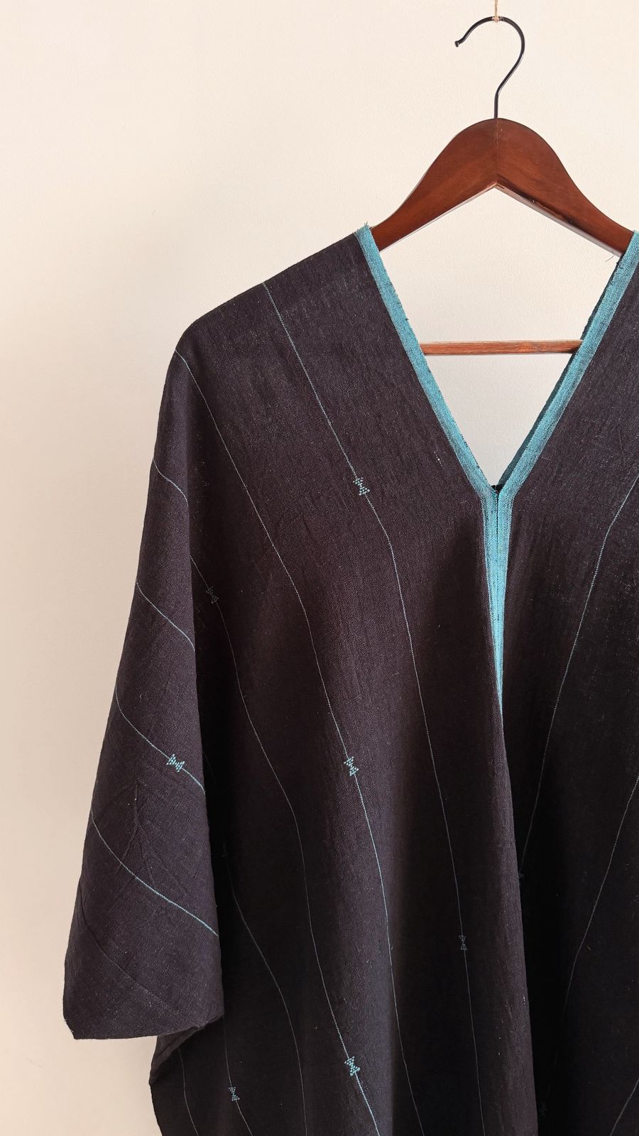 Shiloh Sage Kaftan in handwoven organic cotton, black with blue stripes