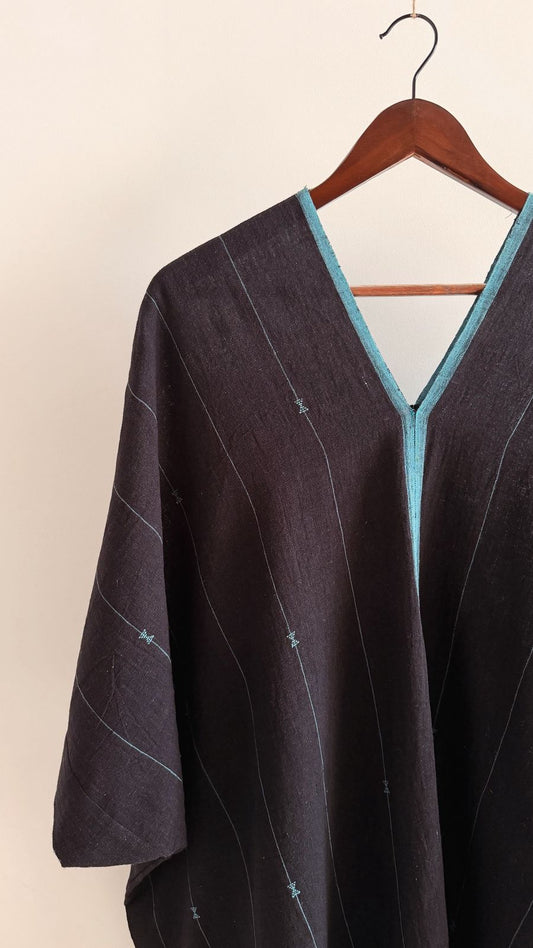 Shiloh Sage Kaftan in handwoven organic cotton, black with blue stripes