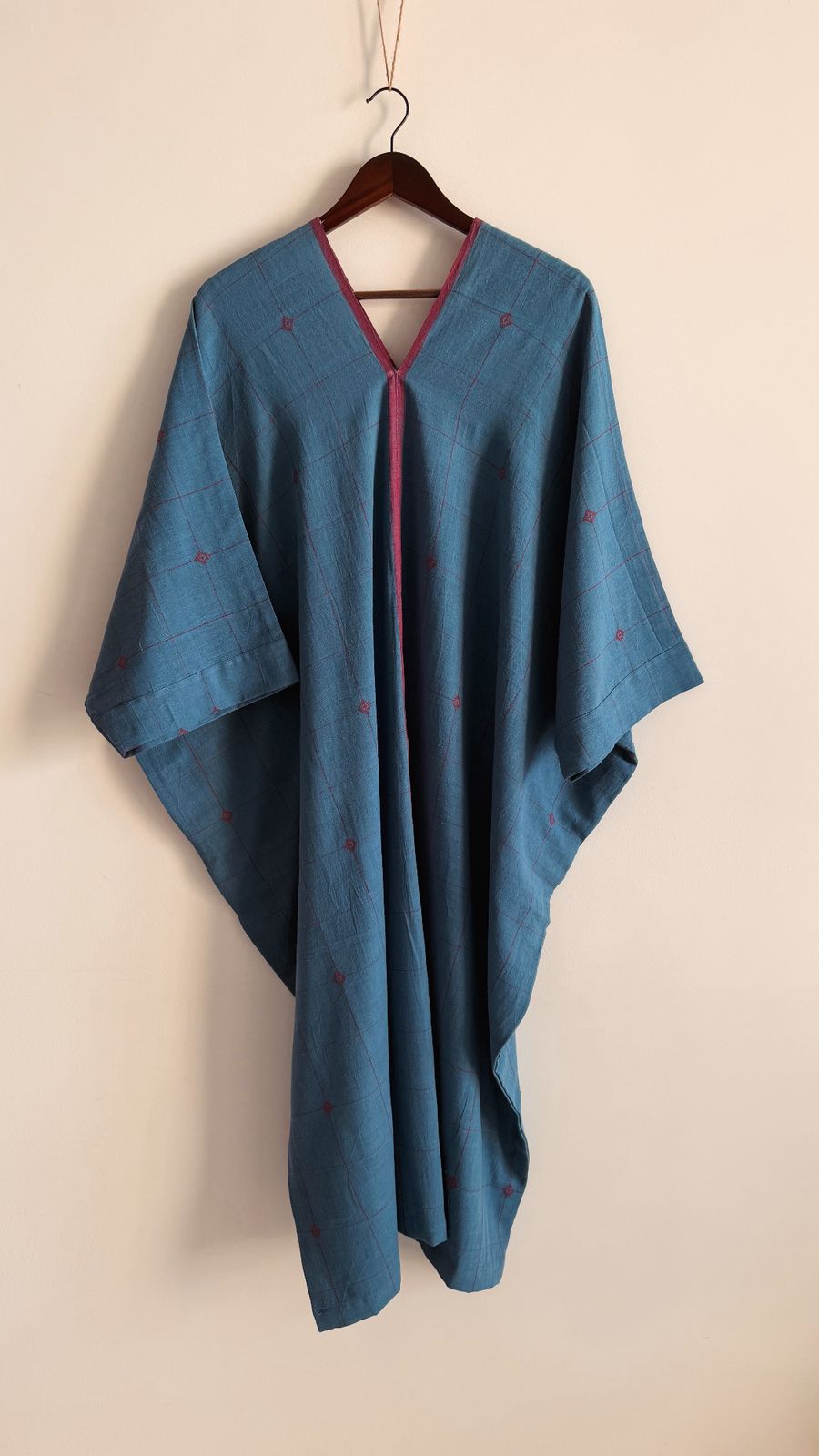 Sage Kaftan in blue garnet handwoven cotton with subtle check pattern and magenta neckline detail