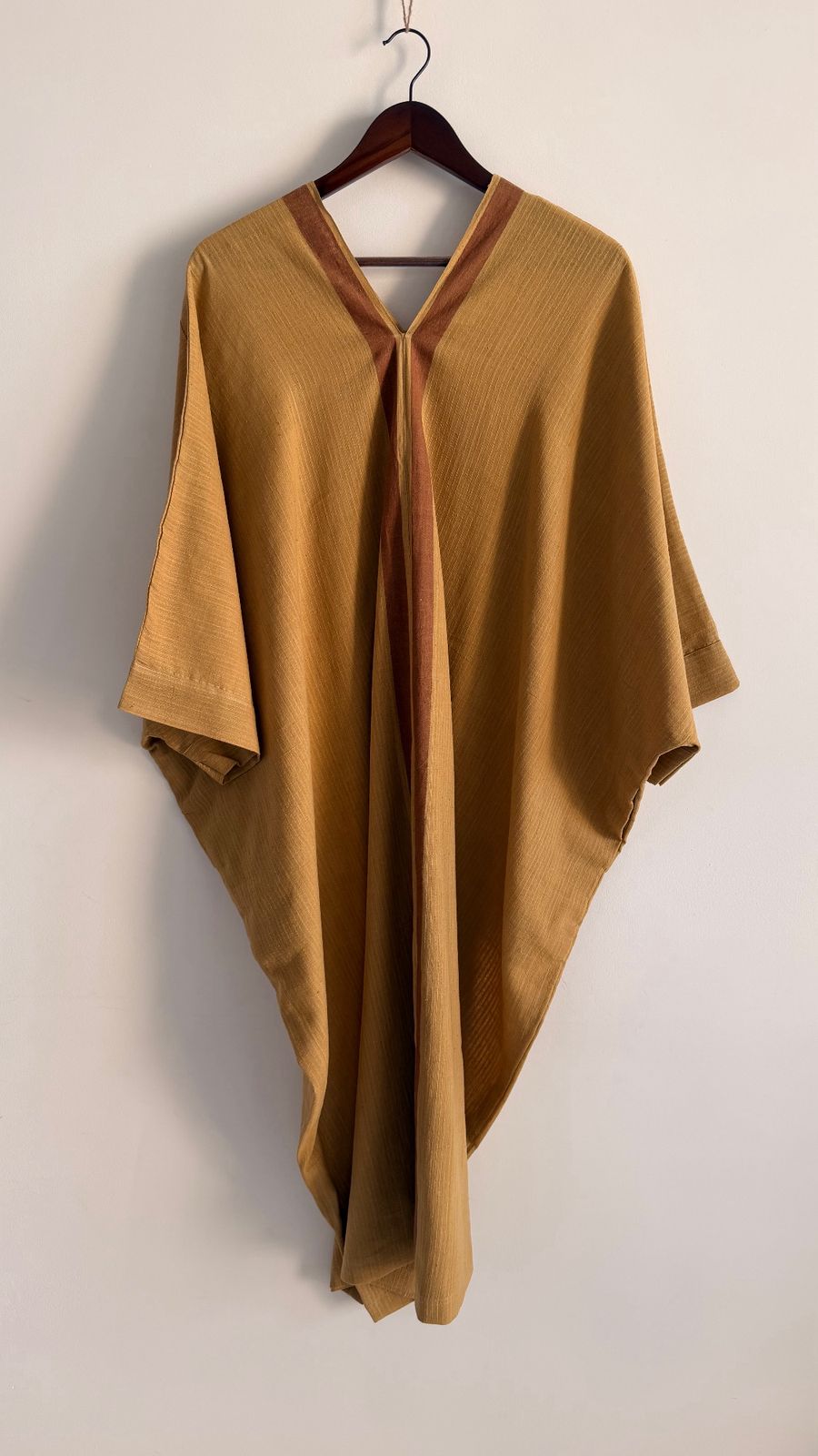 Full length Sage Kaftan in Ochre Bark, minimalist draped garment by Shiloh