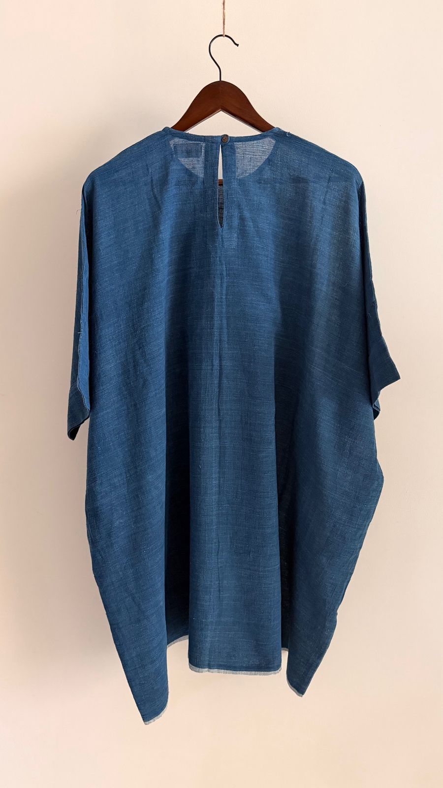 Cedar dress in indigo handwoven khadi – relaxed silhouette with wide sleeves.