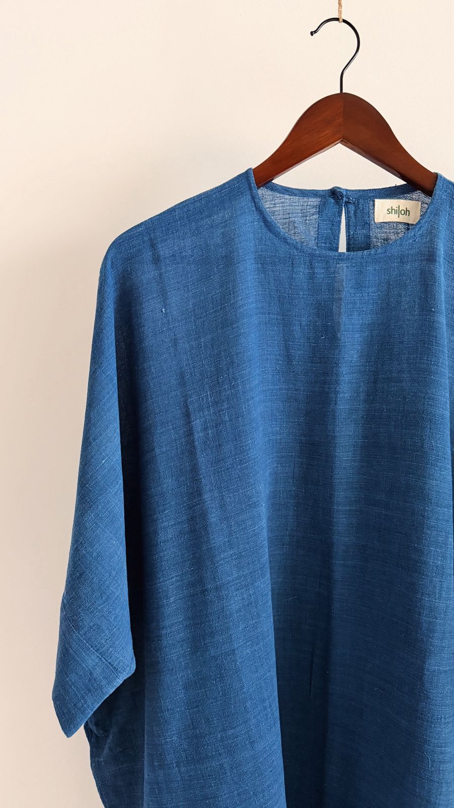Cedar dress in indigo handwoven khadi – round neckline and natural khadi texture.