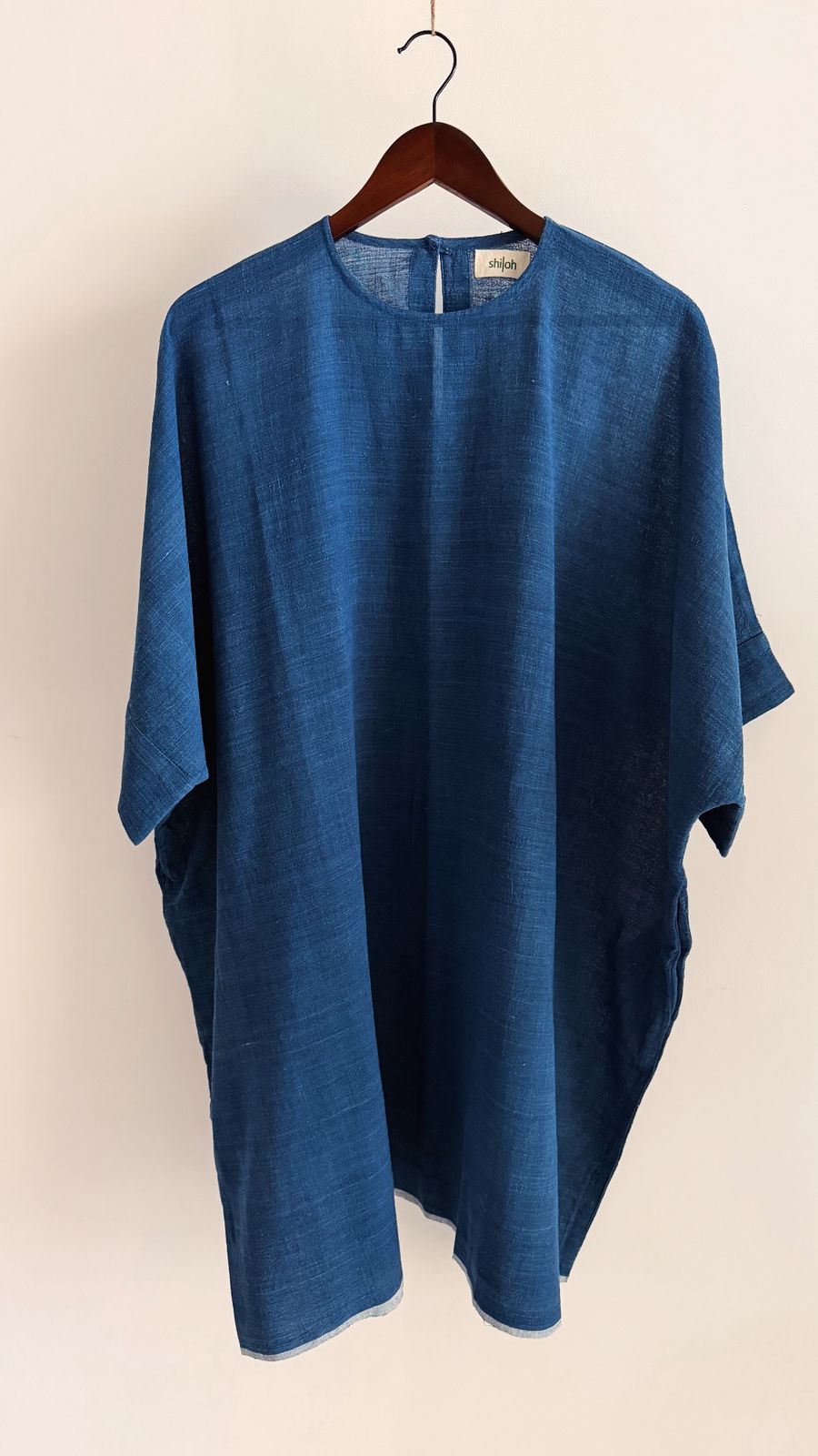 Cedar dress in indigo handwoven khadi – minimalist relaxed dress with wide sleeves.