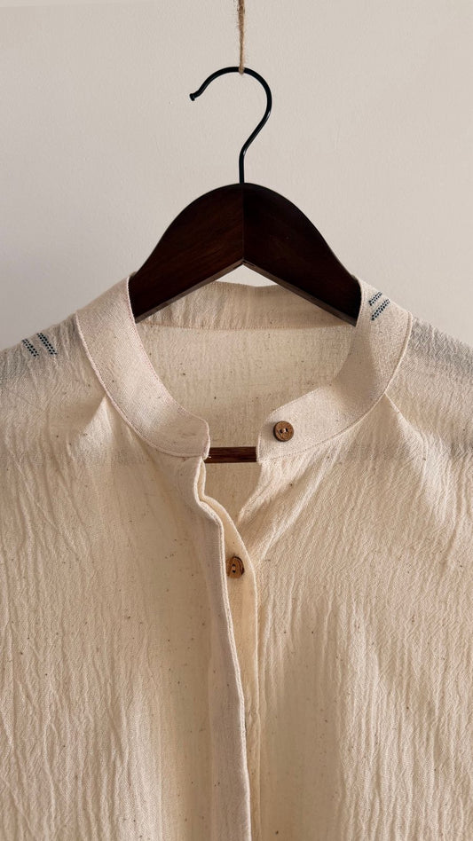 Breathable handwoven cotton top with stand collar and front opening