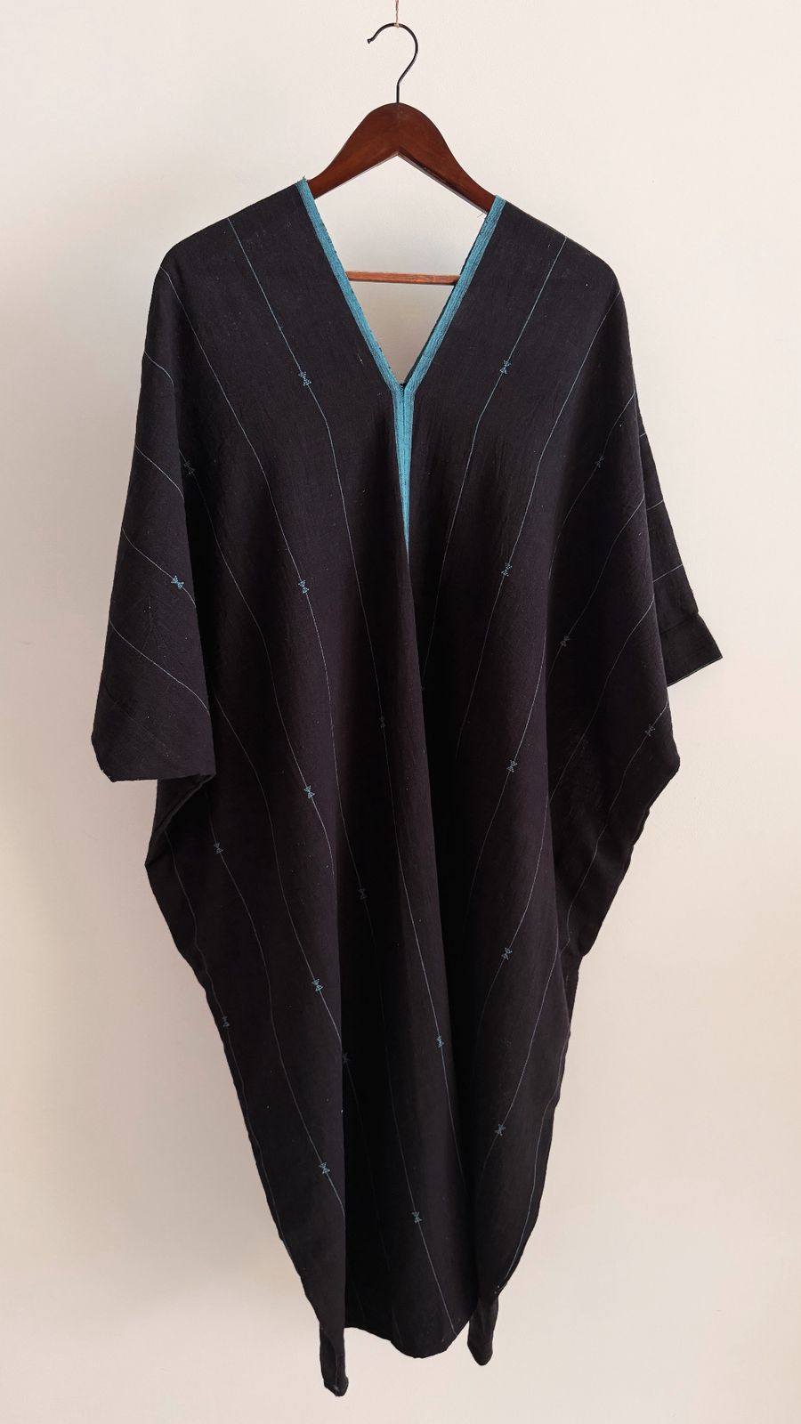 Shiloh Sage Kaftan in handwoven organic cotton, black with blue stripes