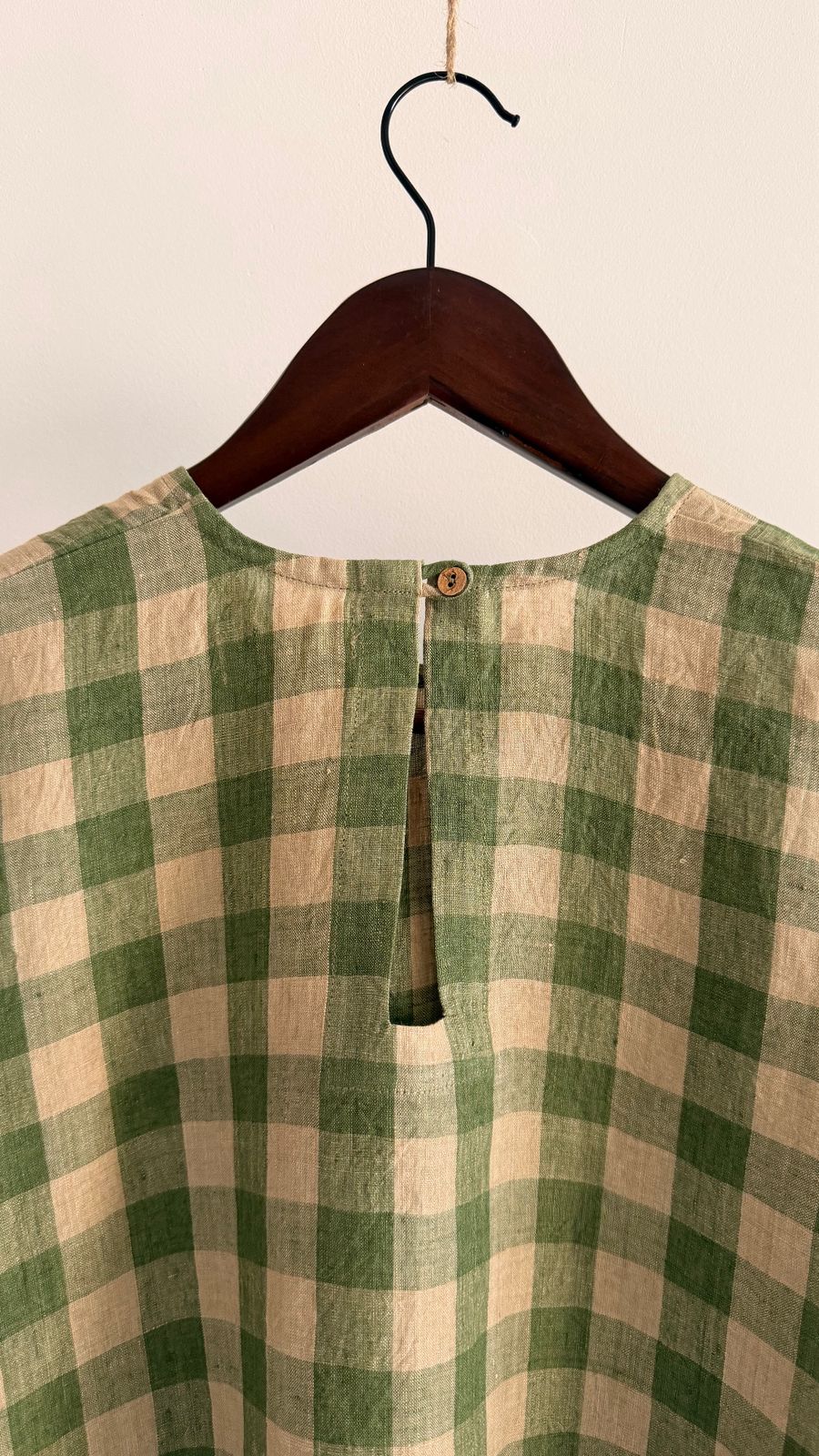Sycamore dress in Sage Stone – keyhole back with button closure in sage and stone check linen.