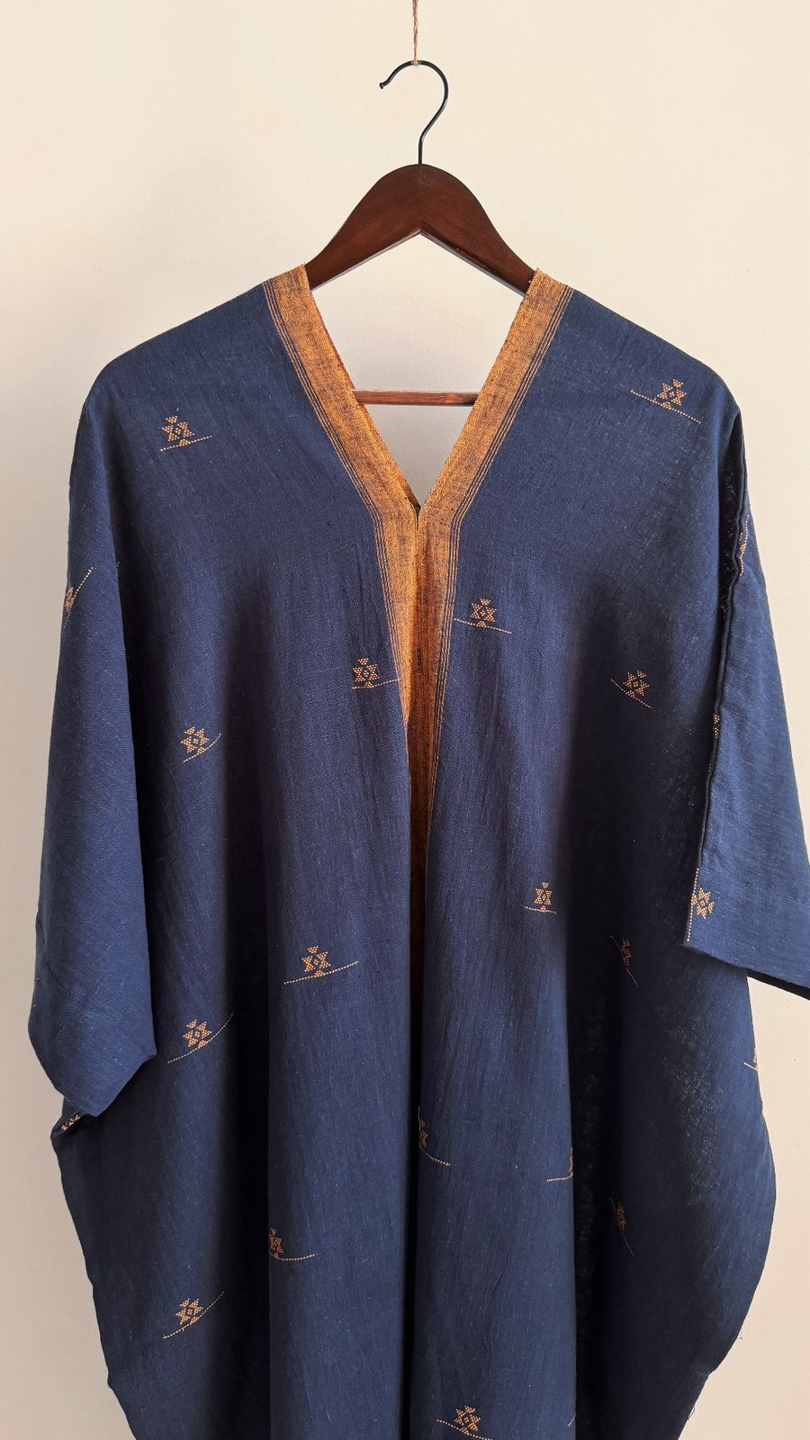 Shiloh Sage Kaftan in handwoven organic cotton, blue with orange motifs
