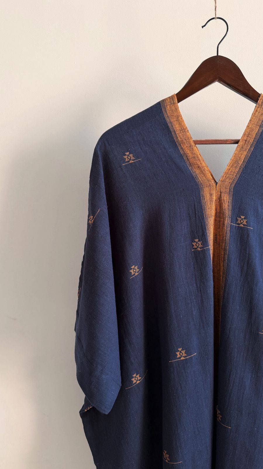 Shiloh Sage Kaftan in handwoven organic cotton, blue with orange motifs