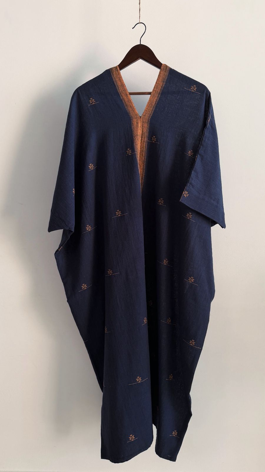 Shiloh Sage Kaftan in handwoven organic cotton, blue with orange motifs