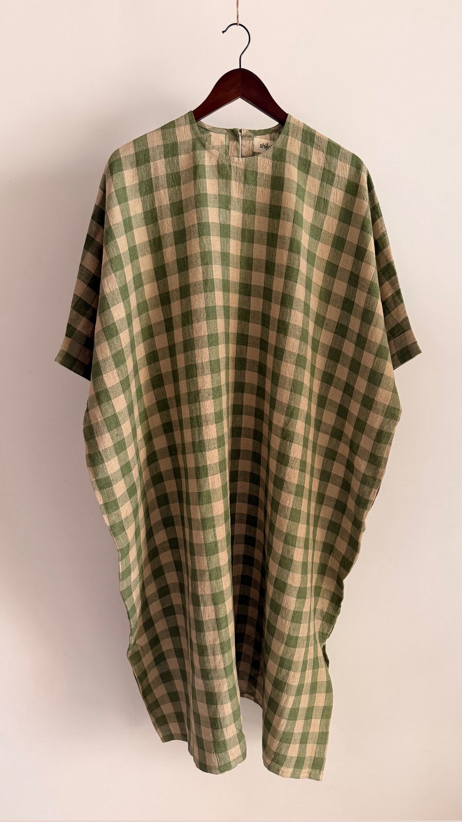Sycamore dress in Sage Stone – minimalist handwoven linen check dress with relaxed silhouette.
