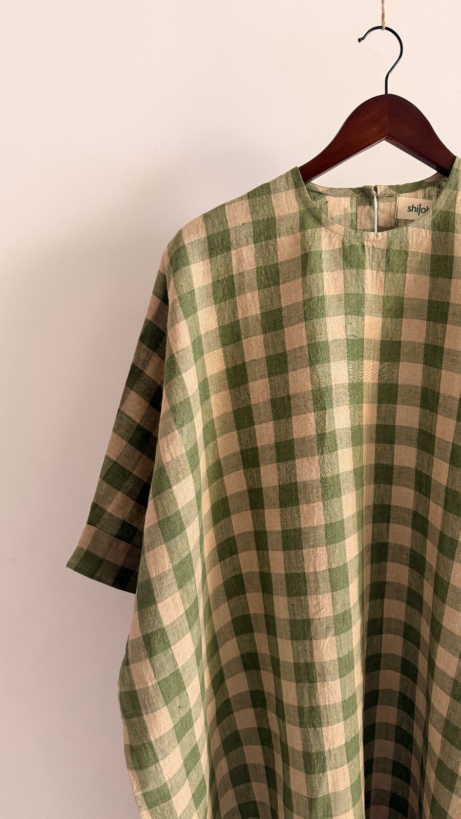 Sycamore dress in Sage Stone – round neckline and handwoven sage and stone check linen fabric.