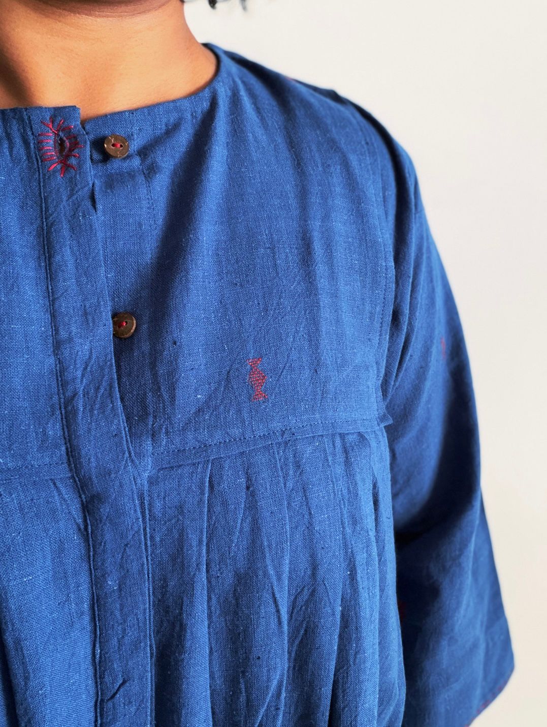 Shiloh Washed Indigo Dress hand-woven organic cotton deep indigo dress with red motifs